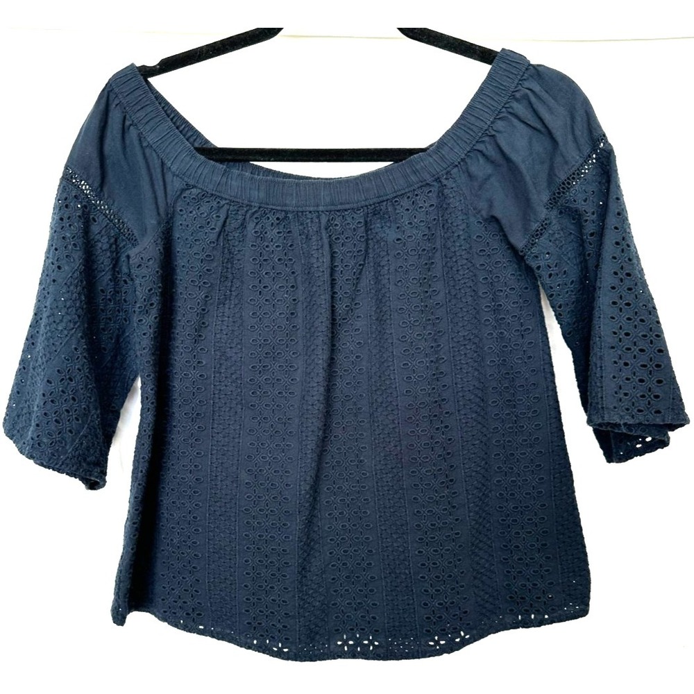 Abercrombie & Fitch XS Navy Blue Off The Shoulder Babydoll Style Eyelet Blouse
